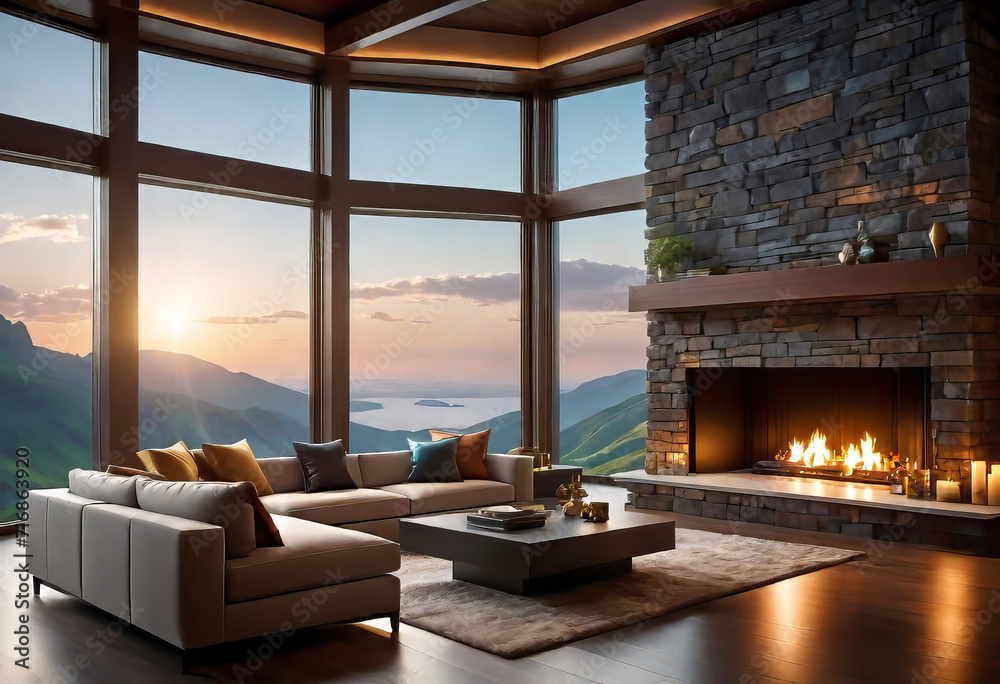 View of a cozy living room with a stone fireplace and a sofa with large windows, a cozy place to relax, Scandinavian hygge interior concept, View of a cozy living room with a stone fireplace and a sofa with large windows, a cozy place to relax, Scandinavian hygge interior concept,