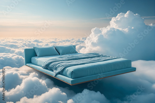 A light blue bed floating on the clouds