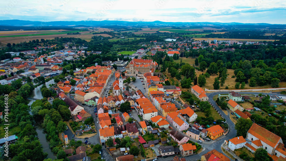 Aerial  of the city Horsovsky Tyn  in the czech republic on a cloudy day in summer
