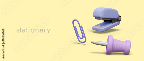Composition with stapler, purple pin, and clip. Realistic stationery objects for office work