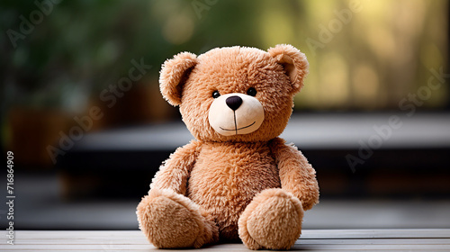 a brown teddy bear sits against the background of a blurred porch on the street, a toy. Moving concept