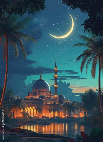 Ramadan poster background with photo of beautiful mosque and moon, ramadan dark them poster background