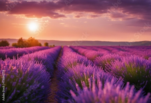 Lavender field sunset and lines Beautiful lavender blooming scented flowers at sunset