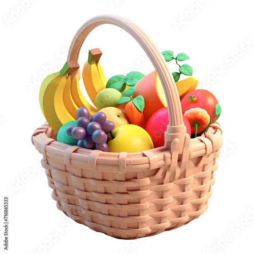3D Rendering of a Fruit Basket on Transparent Background - Ai Generated