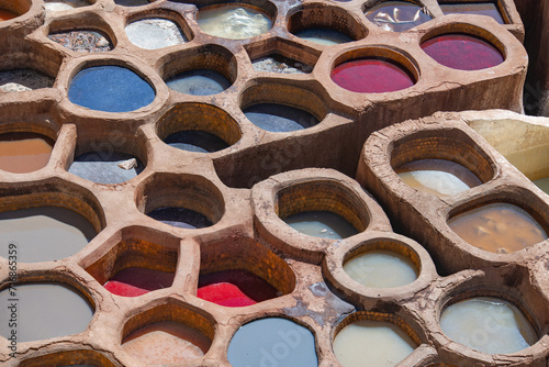 Colorful tannery vats in the ancient city of Fez, Morocco