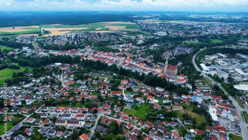 Aerial view of the of the old town Neuoetting in Bavaria on a cloudy day in summer