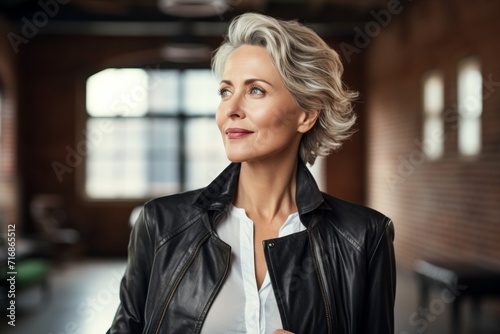 Portrait of a content woman in her 50s sporting a stylish leather blazer against a empty modern loft background. AI Generation