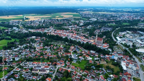 Fototapeta Naklejka Na Ścianę i Meble -  Aerial view of the of the old town Neuoetting in Bavaria on a cloudy day in summer