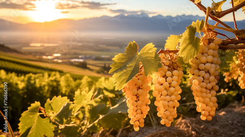 Organic bunches of white burgundy grapes hang from the plant at sunset