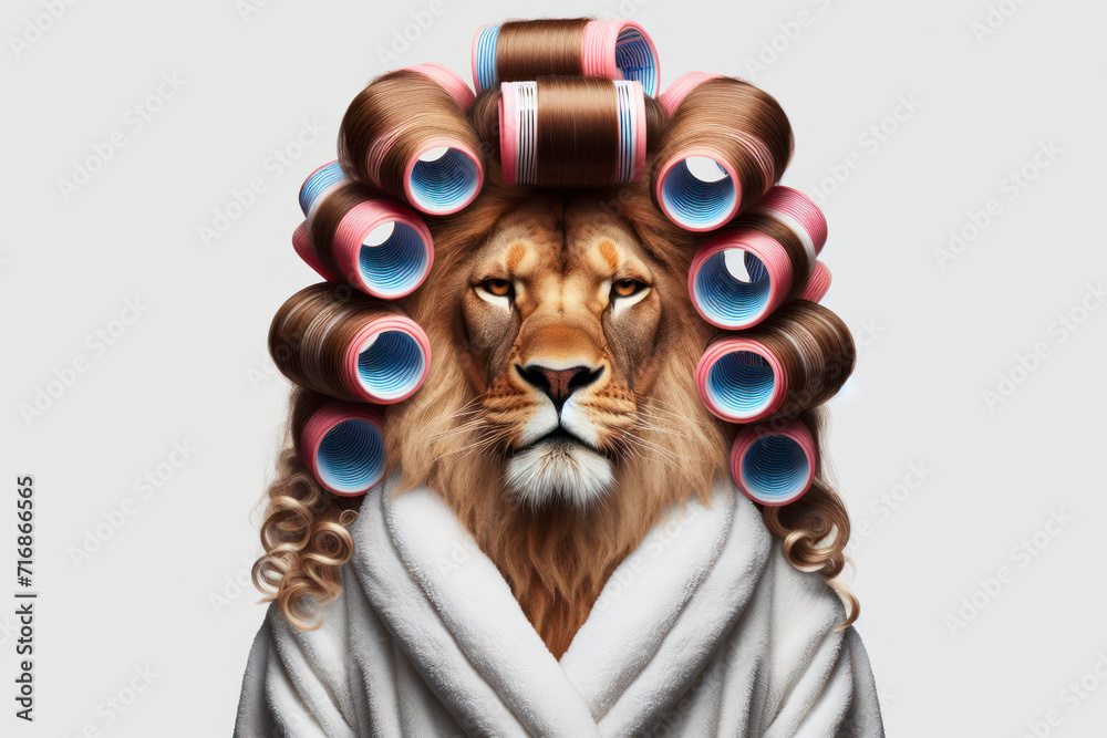lion in a robe with curlers on her hair on a solid white background. ai generative