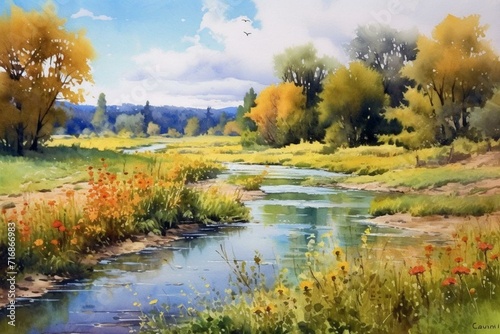Summer river landscape depicted in watercolor painting. Generative AI