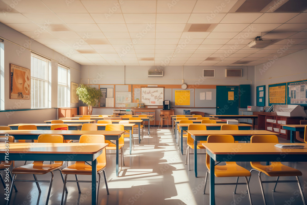 Sunny Classroom interior with Empty Yellow Chairs and Desks Sunny Classroom interior with Empty Yellow Chairs and Desks