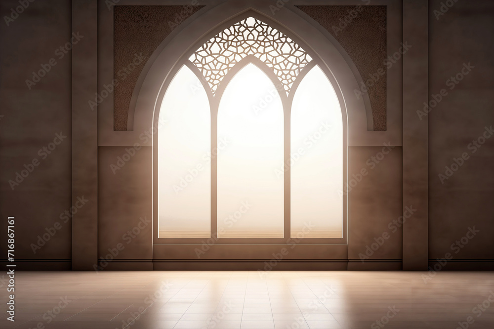 Interior of Mosque with Elegant Arched Windows with Ornate Geometric Patterns