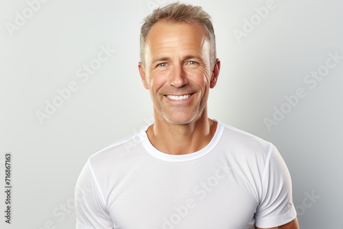 Portrait of a cheerful man in his 40s sporting a technical climbing shirt against a plain white digital canvas. AI Generation photo