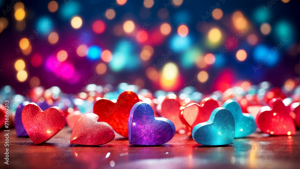Colorful hearts, bokeh background - copy space, blank, Valentine, Valentine's day, gift, couple, love.