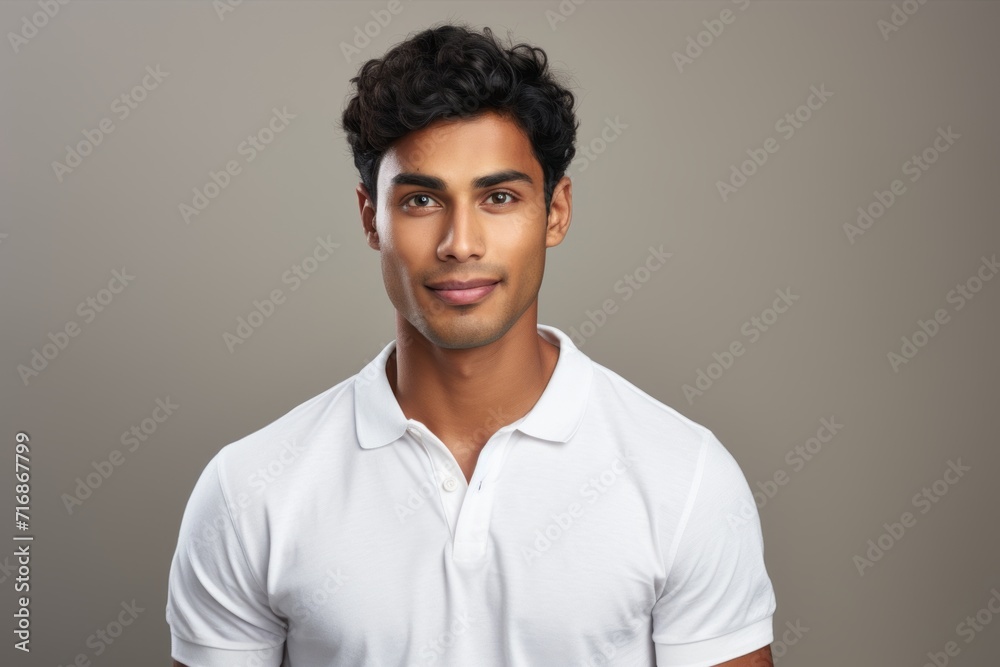 Portrait of a content indian man in his 20s wearing a sporty polo shirt against a plain white digital canvas. AI Generation Portrait of a content indian man in his 20s wearing a sporty polo shirt against a plain white digital canvas. AI Generation
