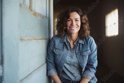 Portrait of a cheerful woman in her 40s sporting a rugged denim jacket against a bare monochromatic room. AI Generation