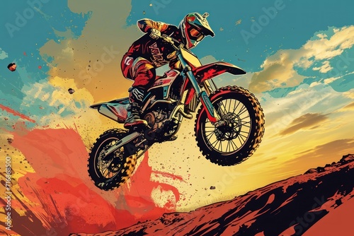 Motocross rider in action. Grunge background . illustration. Motocross concept for banner with copy space. Enduro. Extreme sport concept.