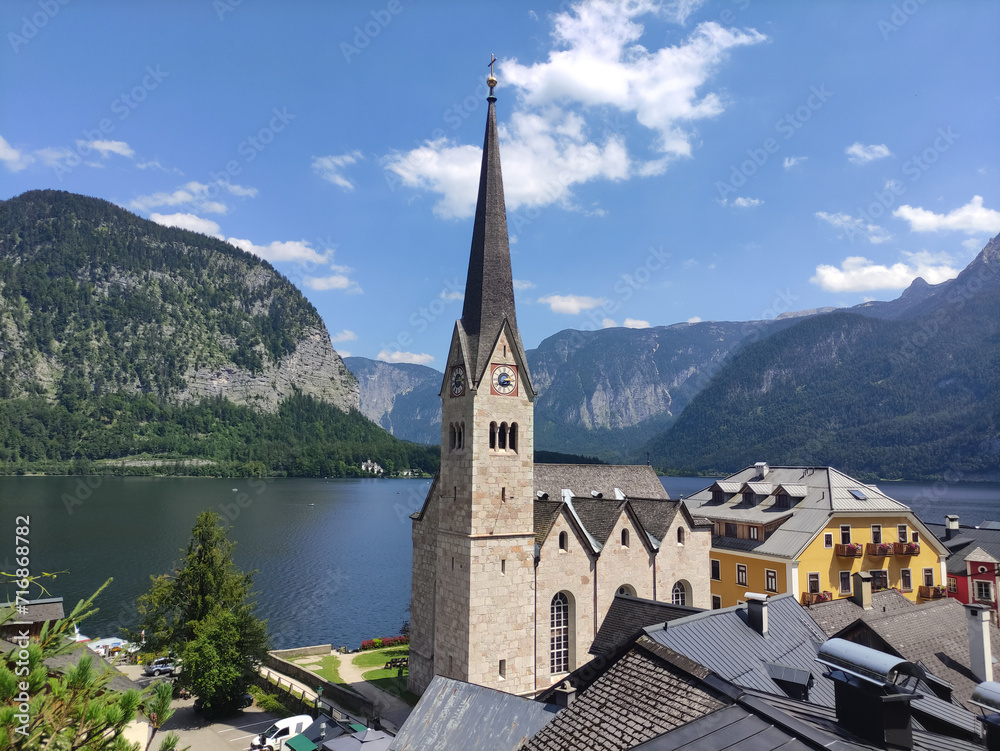 Rooftops, aerial view, Hallstatt, Austria. Austrian Alps, Hallstatter see. Lakeshore. Village in the mountains. Mountain lake. Countryside. From above.