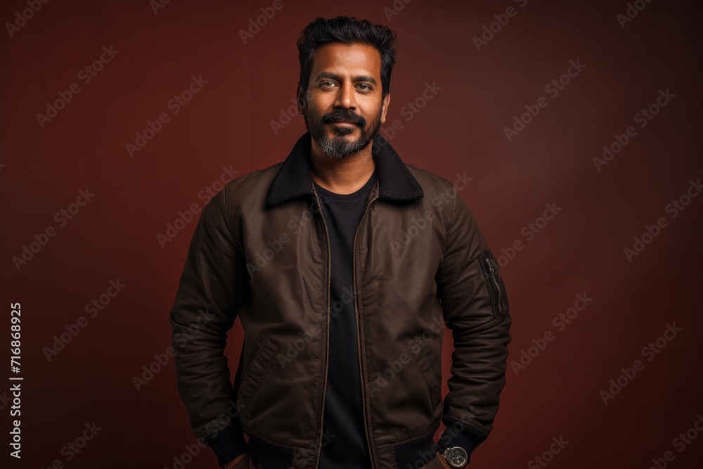 Portrait of a blissful indian man in his 40s wearing a trendy bomber jacket against a bare monochromatic room. AI Generation Portrait of a blissful indian man in his 40s wearing a trendy bomber jacket against a bare monochromatic room. AI Generation
