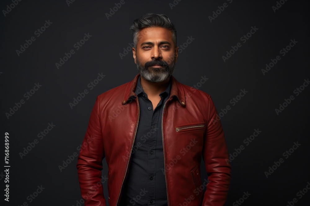 Obraz premium Portrait of a blissful indian man in his 40s wearing a trendy bomber jacket against a bare monochromatic room. AI Generation