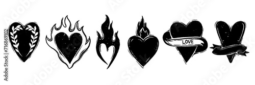 Heart linocut icon set, y2k romantic gothic love sign, 90s grunge texture print kit, flame, ribbon. Valentine Day aesthetic cut effect shape holiday boho engraving silhouette. Heart linocut collection