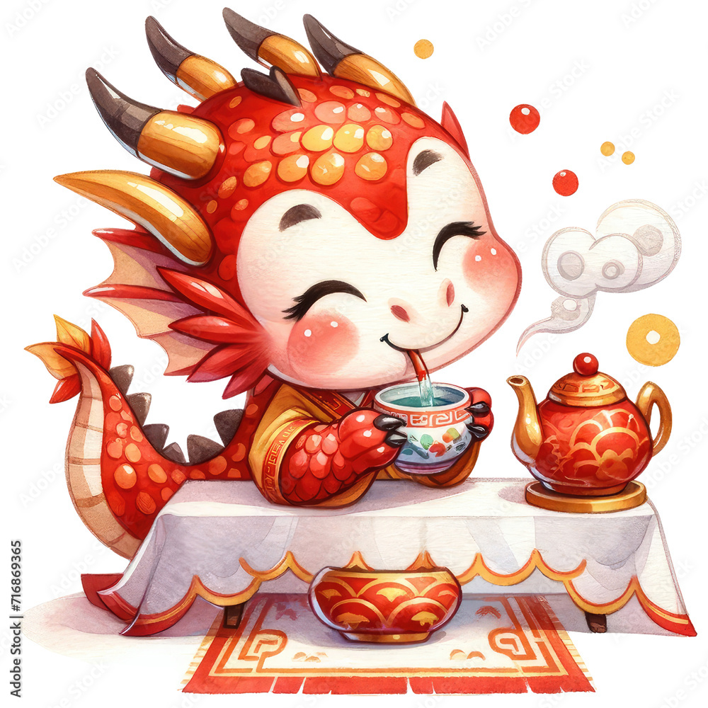Fototapeta premium Adorable Dragon Enjoying Tea Illustration 
