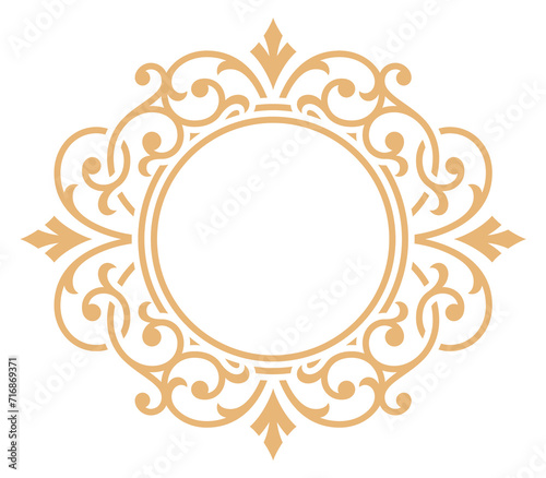 Golden filigree circle. Decorative round vintage frame