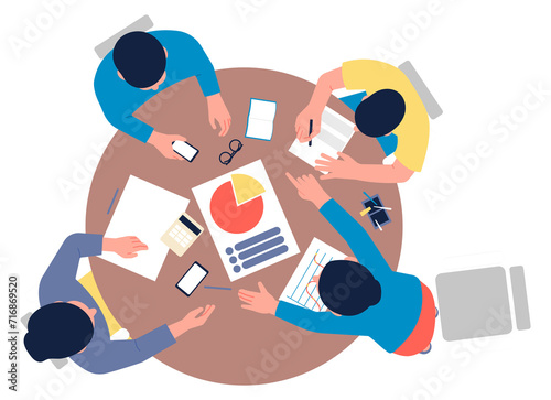 Coleagues discuss statistics report. Meeting table top view
