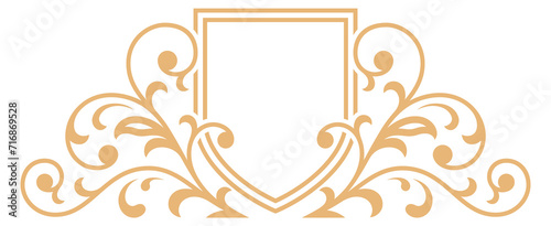 Golden shield frame with flourish ornate filigree template