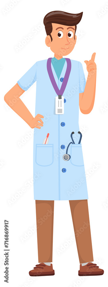 Hospital worker. Cartoon smiling doctor. Male character