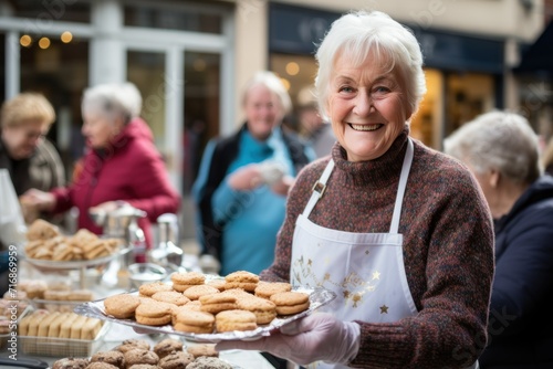 Volunteers serving food at an outdoor community event.