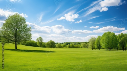 Vibrant green landscape under a bright blue sky with fluffy white clouds. Nature background.