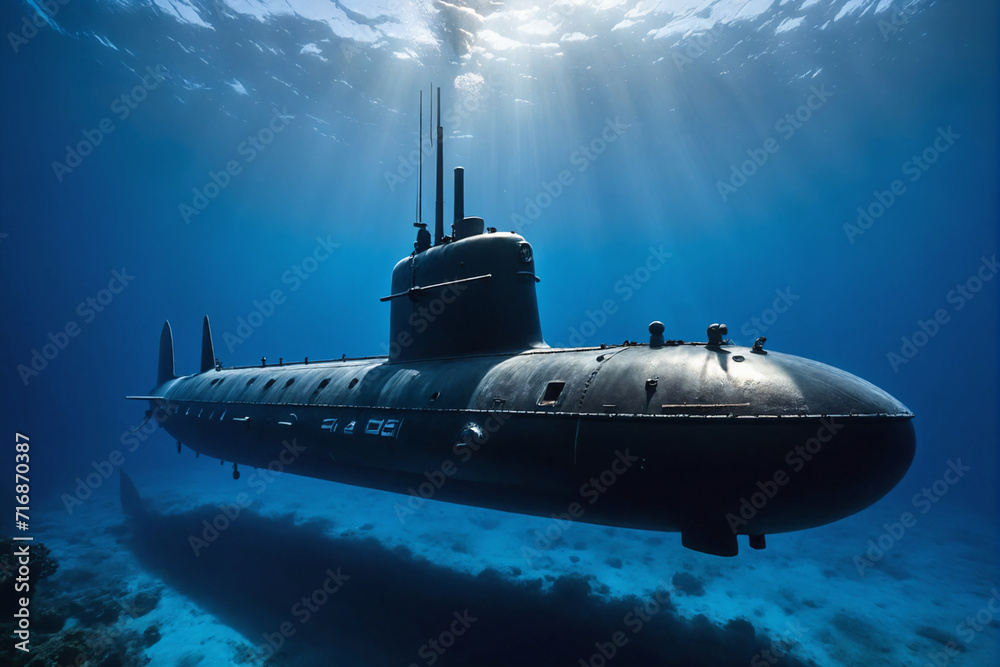 A lone submarine ventures into the blue abyss, a symbol of marine discovery A lone submarine ventures into the blue abyss, a symbol of marine discovery