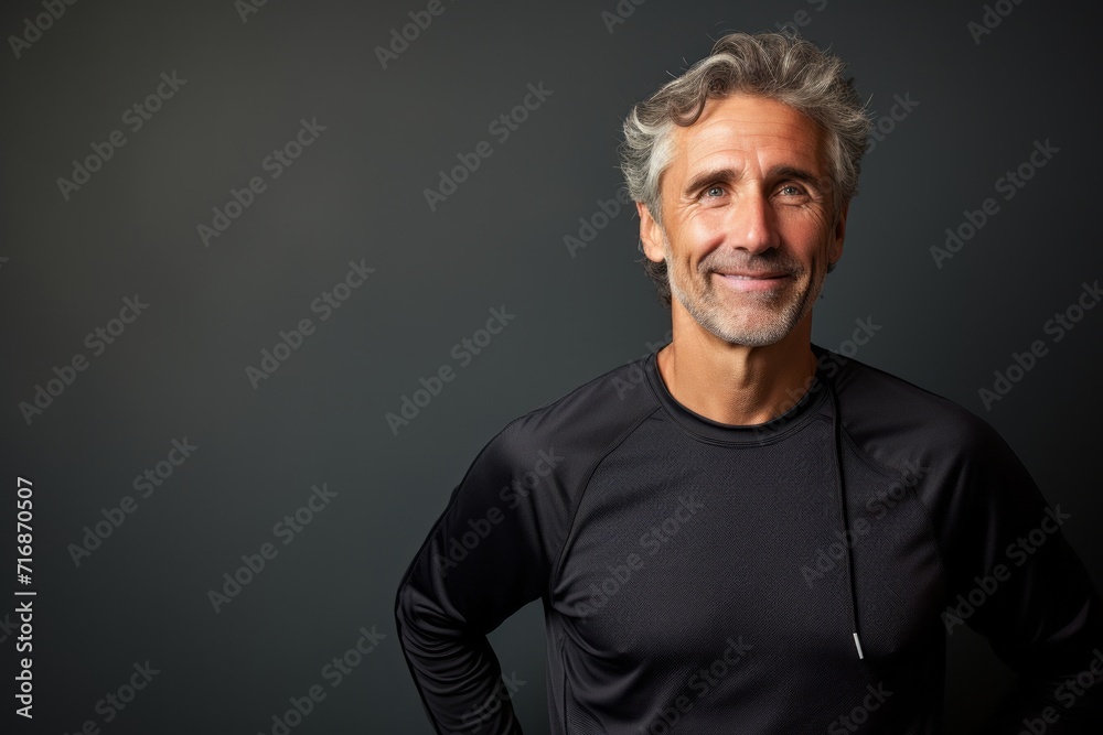 Portrait of a joyful man in his 50s sporting a breathable mesh jersey against a bare monochromatic room. AI Generation Portrait of a joyful man in his 50s sporting a breathable mesh jersey against a bare monochromatic room. AI Generation
