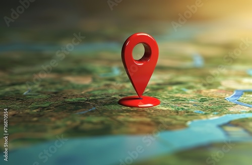 Bright red pin on a detailed map: symbolizes the concepts of destination, travel and navigation