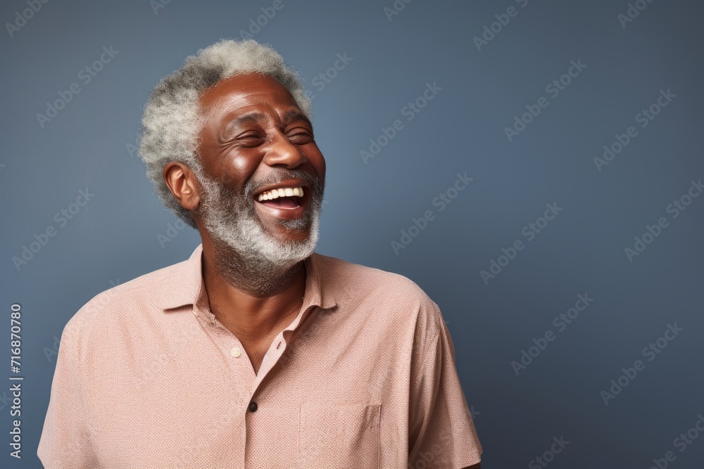 Portrait of a joyful afro-american man in his 60s donning a trendy cropped top against a bare monochromatic room. AI Generation Portrait of a joyful afro-american man in his 60s donning a trendy cropped top against a bare monochromatic room. AI Generation