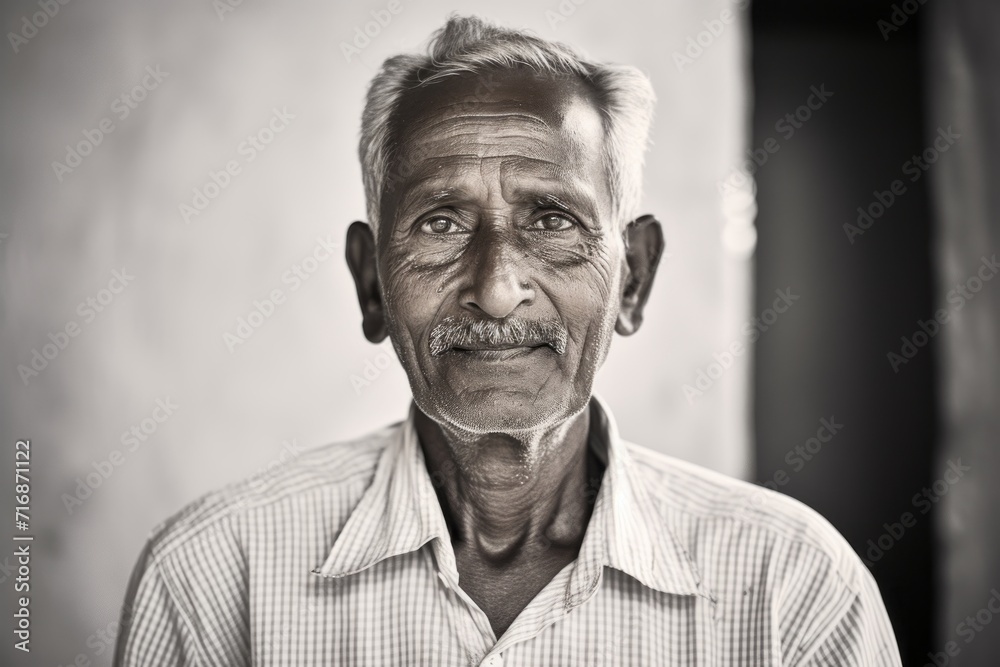 Portrait of a jovial indian elderly man in his 90s donning a trendy cropped top against a bare monochromatic room. AI Generation Portrait of a jovial indian elderly man in his 90s donning a trendy cropped top against a bare monochromatic room. AI Generation