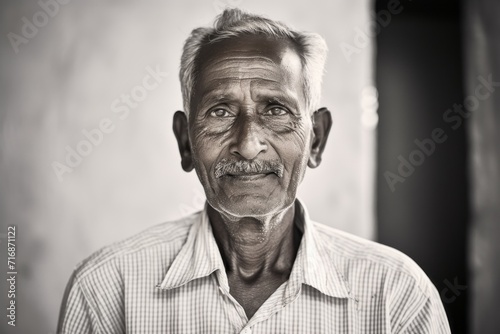 Portrait of a jovial indian elderly man in his 90s donning a trendy cropped top against a bare monochromatic room. AI Generation