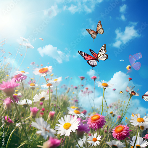 meadow with flowers and butterflies "Fluttering Flora: Meadow's Blossoming Ballet, Wildflower Waltz: Butterflies Among Blooms, Petals in the Breeze: A Meadow's Butterfly Ballet, Blossom Bliss: Meadow 