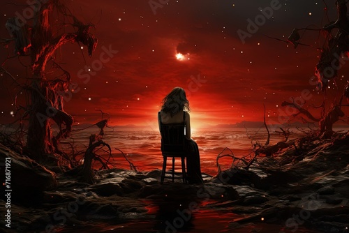 Solitude amidst the apocalypse, woman sitting on the chair on stones near water, red sun in the sky