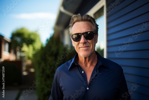 Portrait of a jovial man in his 50s wearing a trendy sunglasses against a stylized simple home office background. AI Generation © CogniLens