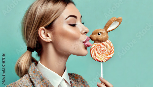 model, zunge, lecken, lolli, hase, osterhase, pastel, close up, osterei, ostern, frohe, osterkarte, konzept, surreal, bizarre, neu, modern, blond, zuckerwatte, frau,  photo