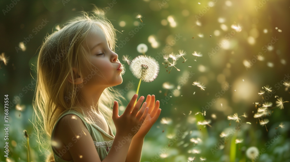 Portrait of happy girl. Child is smiling in spring day. Kid is enjoying spring. Sunny day. Blonde girl is blowing dandelion Portrait of happy girl. Child is smiling in spring day. Kid is enjoying spring. Sunny day. Blonde girl is blowing dandelion