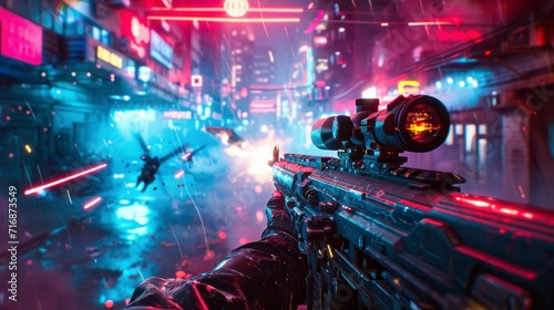 3D shooting video game with real neon lights in high resolution and quality photo