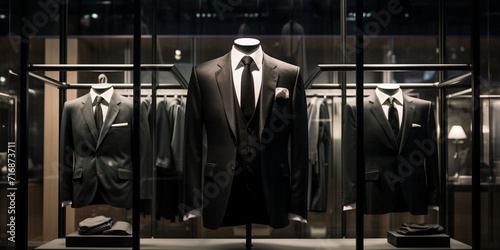3D model of men's suit, Clothes hanging on the shelf in the store, Three Piece Suits in black color, Men suits in a luxury clothing shop, 
 photo