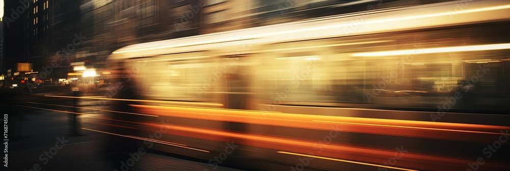 Motion blur web banner of evening urban street with people silhouettes and transport