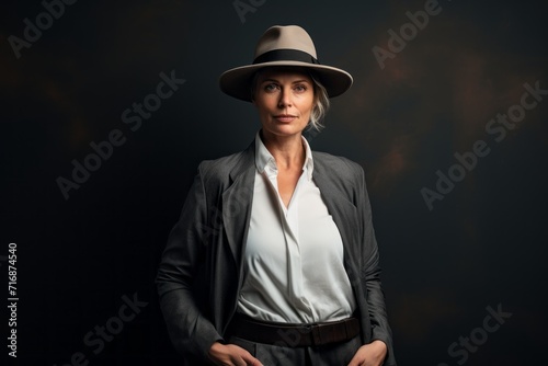 Portrait of a content woman in her 50s donning a classic fedora against a plain cyclorama studio wall. AI Generation