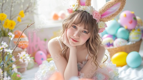 An intricate picture of a happy-looking teenage girl lounging among Easter-themed decorations while dressed as a bunny
