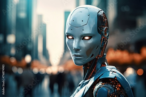 Futuristic city observer, close up of metallic android
